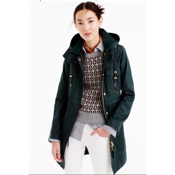 J.CREW Downtown Field Jacket Green Wax Coated Long XS Barn Hooded F4497 Heritage - Picture 1 of 12